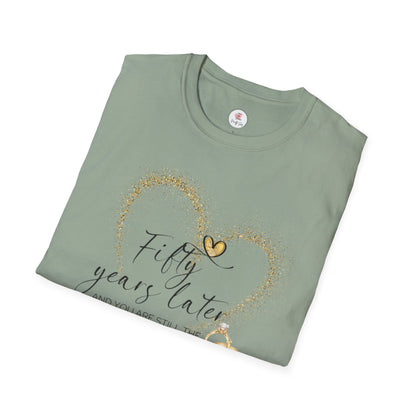 50th Anniversary T-Shirt – "Fifty Years Later" Gold Heart & Rings Celebration Tee