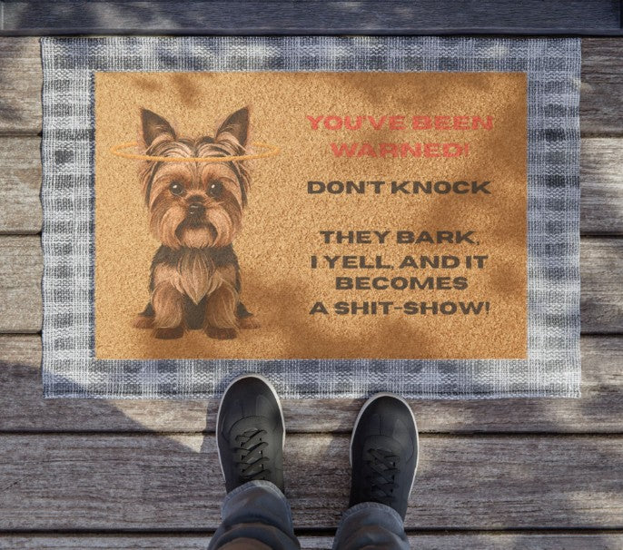 Funny Yorkie Welcome Mat with a Warning!