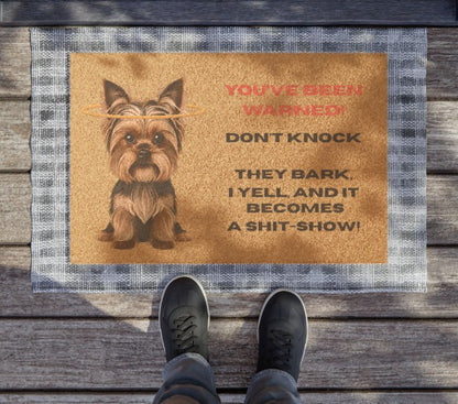 Funny Yorkie Welcome Mat with a Warning!