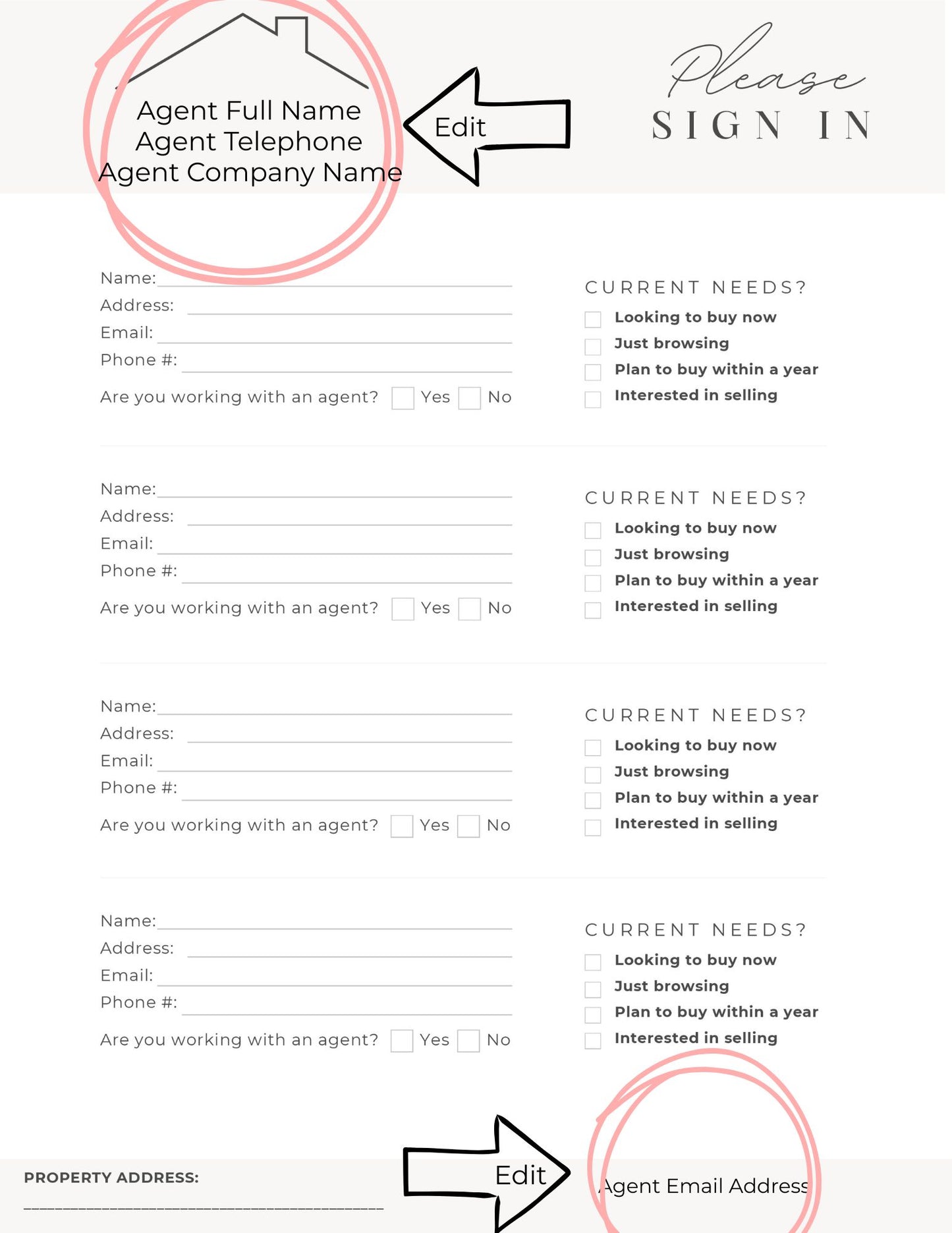 REALTOR - OPEN HOUSE EDITABLE PROFESSIONAL SIGN-IN SHEET