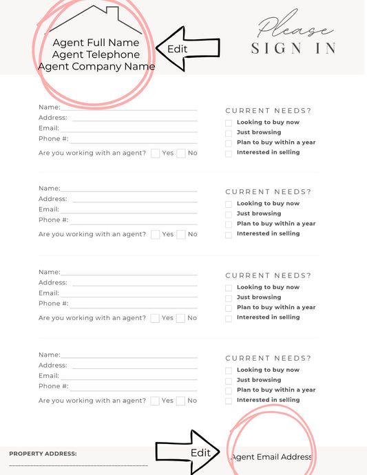REALTOR - OPEN HOUSE EDITABLE PROFESSIONAL SIGN-IN SHEET